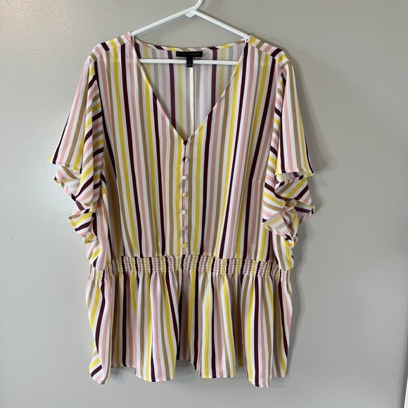 Lane Bryant Tops - Lane Bryant Flutter Sleeve Babydoll Top Multicolor Stripe Blouse Size 26